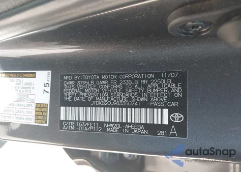 2008 Toyota Prius из США, поврежденный, VIN JTDKB20U983350741